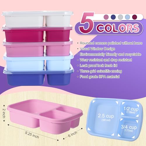 Honeydak 5 Pack Snack Containers 3 Compartment Bento Snack Boxes Divided Meal Prep Containers with Lids Reusable Adults Lunch Food Storage Box for School Work Travel(Blue White Purple) - color: Blue White Purple