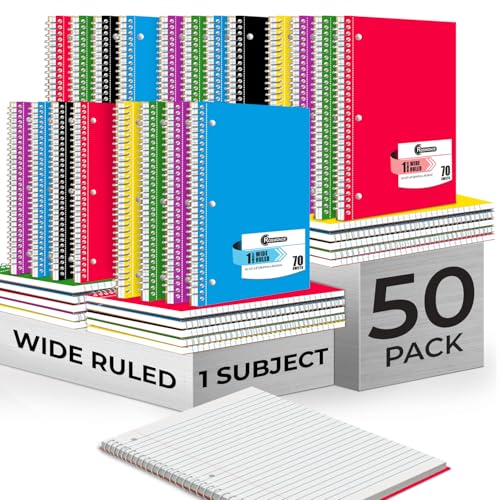 Rosmonde 50 Pack, 1 Subject Spiral Notebook Wide Ruled Bulk, 140 Pages (70 Sheets), Thick No-Bleed Paper, 8 x 10-1/2", 3 Hole Punched, 1 Subject Spiral Notebook Bulk, Bulk Subject Notebook - size: 50 Bulk Value Pack