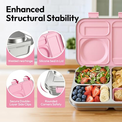 Stainless Steel Bento Lunch Box with 8oz Insulated Food Jar, 3 Compartment Metal Bento Lunch Container for Kids & Adults with Silicone Container and Food Thermo for Work & School, BPA-Free(Pink) - color: Pink