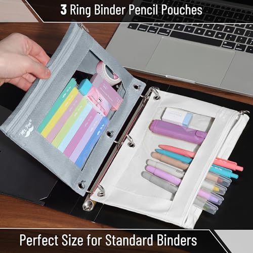 Mr. Pen- Pencil Pouch for 3 Ring Binder, 2 Pack, 10"x6.75", Smooth Zipper | Clear Window, Large Capacity Pencil Case with 3 Reinforced Grommets for School, Office, Supplies Storage | Clear Window, Large Capacity Pencil Case with 3 Reinforced Grommets for