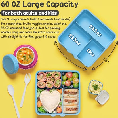 Fimibuke Bento Lunch Box for Kids Adult, 3-4 Compartment 60OZ Toddler Lunch Box Container with Leakproof 8OZ Insulated Food Jar, Sauce Jar, Utensil for School Boys Girls, BPA-Free Dishwasher Safe - color: B10.Engineering Trucks