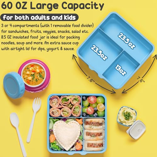 Fimibuke Bento Lunch Box for Kids Adult, 3-4 Compartment 60OZ Toddler Lunch Box Container with Leakproof 8OZ Insulated Food Jar, Sauce Jar, Utensil for School Boys Girls, BPA-Free Dishwasher Safe - color: B10.Engineering Trucks