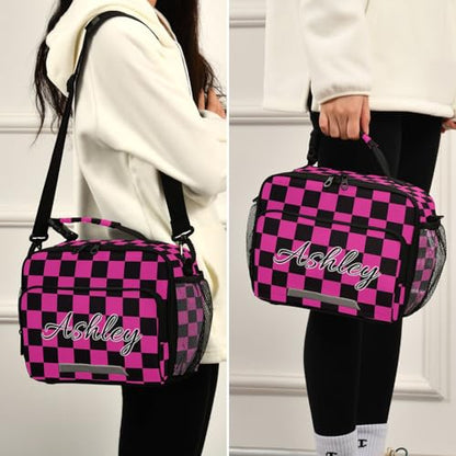 Custom Student Lunch Bag for Boys Girls Hot Pink and Black Checkered Personalized Lunch Box With Name Insulated Cooler Bag for School Picnic Travel - color: Multi14