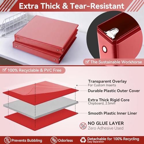 SUIN 1 Inch 3 Ring Binder, Clear 1'' View Presentation Binders with 2 Pockets, Fits 8.5 x 11 Letter Size, Durable Polypropylene, Non-Stick & PVC-Free for School, Office & Home (Red) - color: Red