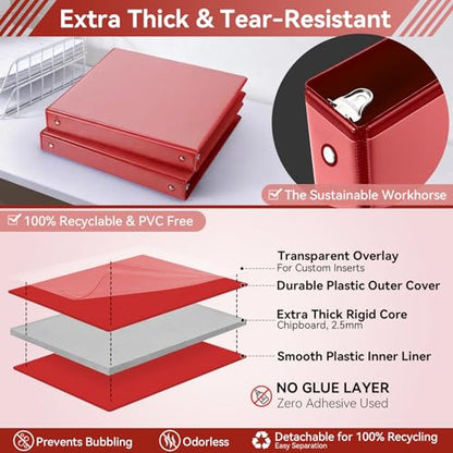 SUIN 1 Inch 3 Ring Binder, Clear 1'' View Presentation Binders with 2 Pockets, Fits 8.5 x 11 Letter Size, Durable Polypropylene, Non-Stick & PVC-Free for School, Office & Home (Red) - color: Red