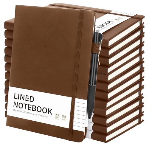 Aodaer 12 Set Lined Notebook Journals with Pens A5 Notebooks 100 GSM College Ruled Hardcover Notebook PU Leather Notepad with Pen Holder for Office School, 5.7 x 8.3 Inches, Dark Brown - color: Dark Brown