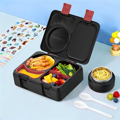 Bento Box for Kids, Leakproof Kids Bento Lunch Box Container with 8oz Insulated Thermo Food Jar, Sauce Jar, Utensil, DIY Stickers for School Boys Girls, 3-4 Compartments, BPA-Free - color: Black Red