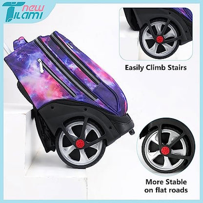 NEW TILAMI 19 Inch Rolling Backpack with Lunch Bag for Girls Boys Wheeled Laptop Backpack Durable Carry-on Bag School Travel, Purple Starry - color: Purple Starry