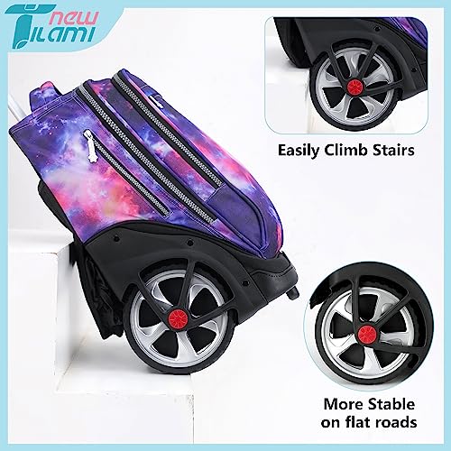 NEW TILAMI 19 inch Rolling Backpack Teens Rolling Backpack Cute Wheeled Laptop Backpack Bookbag Roller Travel Bag College, Starry Purple - color: Purple Starry