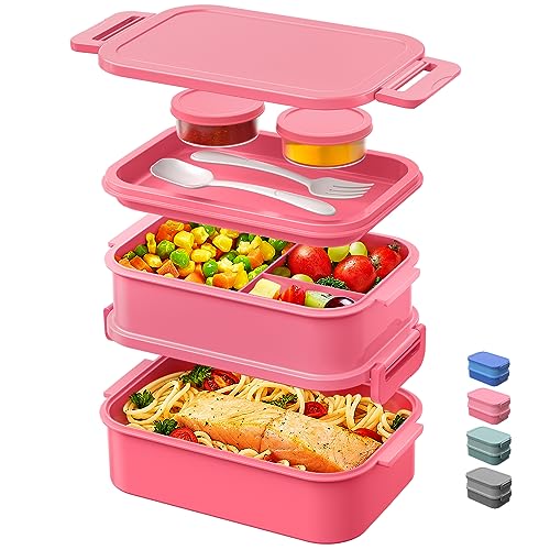 DaCool Adults Bento Box Lunch Box - Stackable All-in-One Leakproof Bento Lunch Box for Adults Women Girls 74 OZ Large Lunch Containers with Fork Spoon Sauce Boxes for Work School Dining Out, Pink - color: 3-Pink
