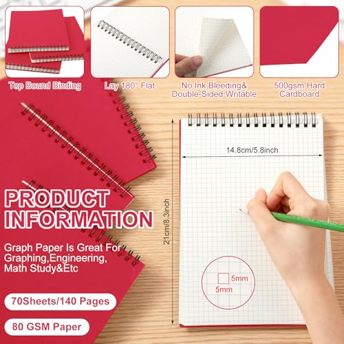 Engrowtic 2 Pack Graph Paper Spiral Notepad A5 Top Wirebound Notepad Grid Notebook Steno Pad Memo Notebook Grid Paper 140 Pages for Writing Sketching Drawing Office Supply (Red) - color: Red