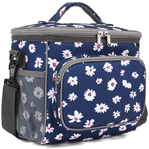 FlowFly Insulated Reusable Lunch Bag Adult Large Lunch Box for Women and Men with Adjustable Shoulder Strap,Front Zipper Pocket and Dual Large Mesh Side Pockets,Daisy - color: Daisy