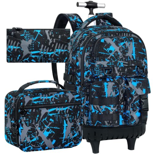 WZLVO 3PCS Wheeled Backpack, Water Resistance Rolling Bookbag for Boys, Roller School Bag Set with Lunch Box & Pencil Bag for Teens & Kids - Spray Blue - color: 3pcs Boys Rolling Backpack - Spray Blue