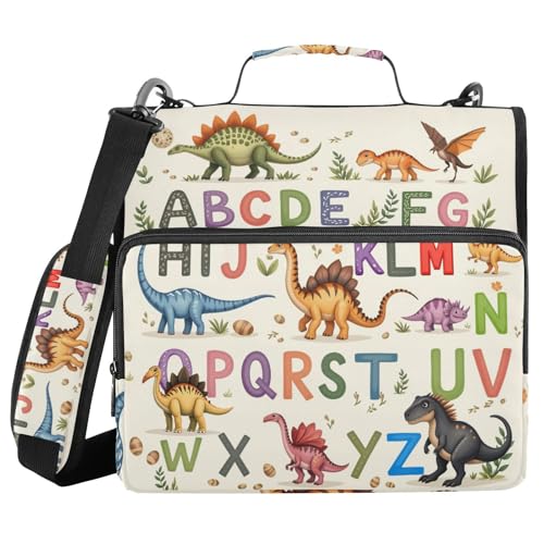 Gredecor 3 Ring Zipper Binder with Shoulder Strap, Alphabets with Dinosaurs Multi-Pockets Organizer Binder Bag Holds 500 Sheets for School and Office - color: Alphabets With Dinosaurs