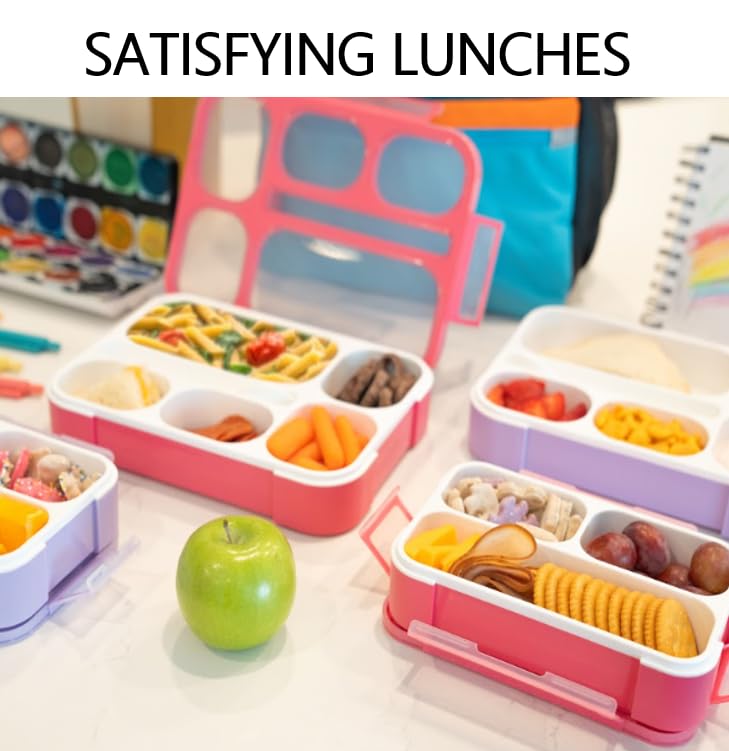 kinsho Bento Box Lunch Boxes and Snack Containers, Value Pack for Kids Girls Boys | Leakproof Portion Boxes for School Pre-School Toddler Daycare Travel, BPA Free | Set of 4, Pink Purple - color: Pink Purple Large + MINI 4 Pack