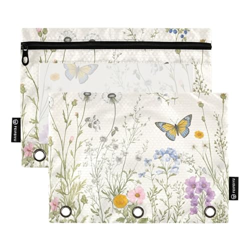Gredecor Binder Pencil Pouch 3 Ring Vintage Floral Herbs Zipper Pencil Pouches Case 2 Pack Clear Binder Organizer for School Office - color: Multi2