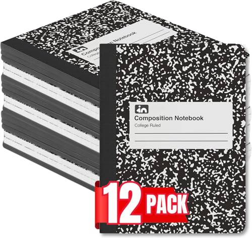 1InTheOffice College Ruled Composition Notebook, Marbled Composition Notebook, 9.75" x 7.5", Black Marble Cover, 100 Sheets/Pack, 12 Pack