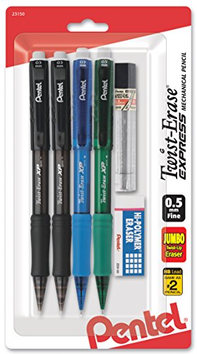 Pentel Twist-Erase Express Mechanical Pencil, (0.5mm), Assorted Barrel Colors (QE415LZBP4) - size: 4 Count (Pack of 1)