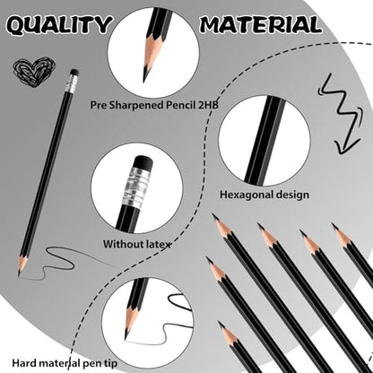 60 PCS Black Pencils Bulk with Eraser, Pre-Sharpened HB Pencils for Writing & Drawing, School Supplies for Kids Homework, Tests, Art Crafts & Teacher Grading (Black) - color: black