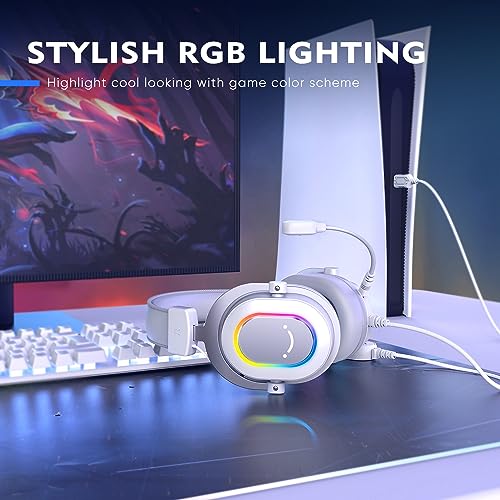 FIFINE USB Gaming Headset, PC Headphones Wired with Microphone for Computer/Laptop, Over-Ear RGB Headset with 7.1 Surround Sound, Noise Cancellation for Streaming Video Game- AmpliGame H6 (White) - color: White