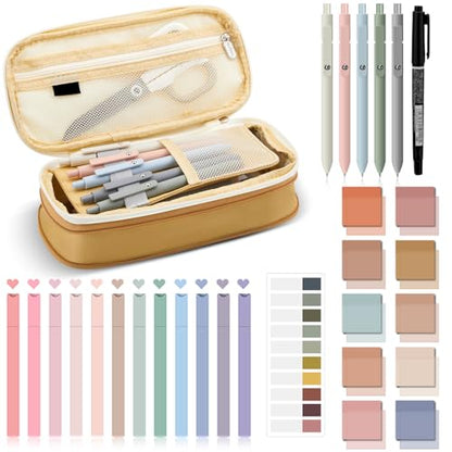 Jutom 39 Pcs Aesthetic Book Annotation Kit Highlighter with Case Bag Gel Pen Transparent Sticky Note Taking Bible Supplies(Khaki,Cute Style) - color: Khaki, style: Cute Style