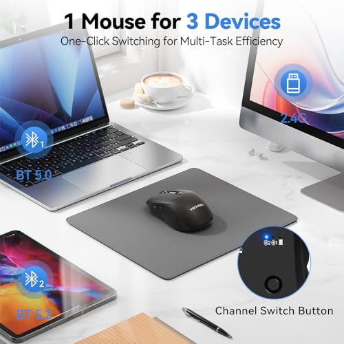 TECKNET Wireless Mouse with LED Display,Tri-Mode Bluetooth Mouse for Laptop | [BT5.2+BT5.0+2.4G] Connection, Type-C Rechargeable with Vision, Silent Click, 3-Device Switching for Laptop, iPad, MacBook