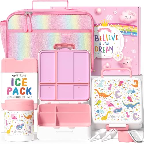 Fimibuke Kids Bento Snack Lunch Box with Thermo Insulated Toddler Lunch Bag | Lunch Box Kids with 4 Compartment, Food Jar, Ice Pack, Utensils, Birthday Gifts for Ages 3-12 Back to School Toddler Girl Boy - color: A4.White Dinosaur
