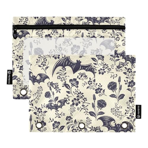 Goth Bats Pencil Pouches Bags for 3 Ring Binder, 2 Pack Zipper Stationery Bag with Clear Window 3 Hole Pencil Case for School Office Home - color: Goth Bats