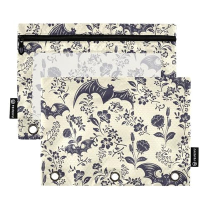 Goth Bats Pencil Pouches Bags for 3 Ring Binder, 2 Pack Zipper Stationery Bag with Clear Window 3 Hole Pencil Case for School Office Home - color: Goth Bats