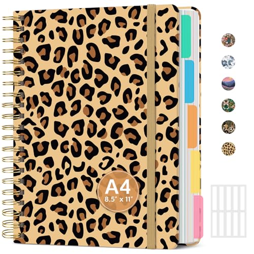 Large Spiral Notebook with Dividers & Tabs, 8.5" x 11" Hardcover 5 Subject Notebook for Work, 280 Pages, College Ruled, Cute Journal for Women, Perfect for Study & Office Note Taking, Leopard - color: R-Leopard