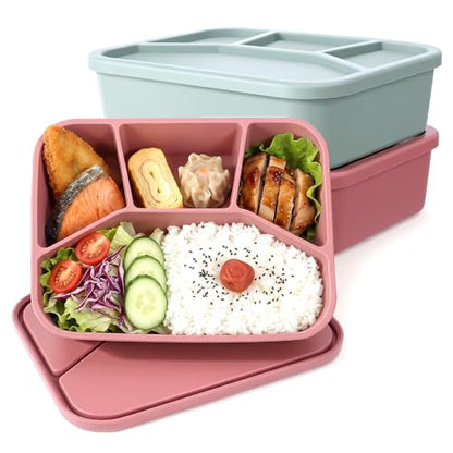 2 Pack Silicone Bento Box, 4-Compartment Leak-Proof Large Lunch Container with Lids, 42 oz Food-Grade Meal Prep Box, Microwave & Dishwasher Safe, Unbreakable Reusable Food Storage for Adults