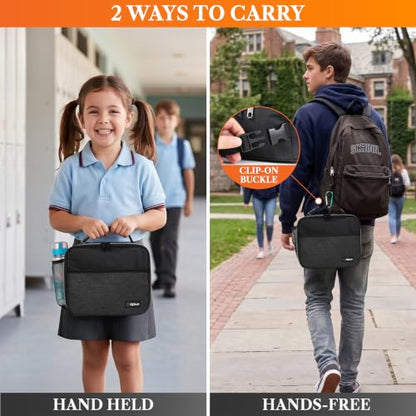 opux Insulated Lunch Bag for Kids, Reusable Lunch Box for School with Leakproof Lining, Compact Soft Cooler Tote for Boys & Girls, Front Pocket, Mesh Side Bottle Holder (Heather Charcoal) - color: Heather Charcoal
