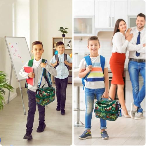 RHCPFOVR Kids Lunch Bag - Double - Decker Cooler Insulated Lunch Box for Boys Girls,Washable Lunch Bag and Reusable Toddler Lunchbox for School and Daycare - color: Dark Green Dinosaur