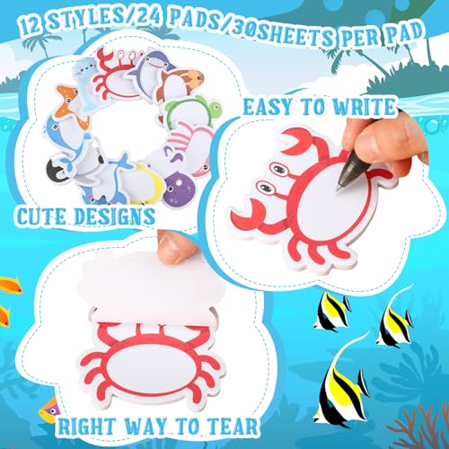 Yinder 24 Pads Cute Sticky Notes Fun Kawaii Ocean Animal Sticky Notes Pads Bulk Cartoon Memo Self Adhesive Gift Back to School Veterinary Office School Tab Party Supplies - style: Ocean Animals