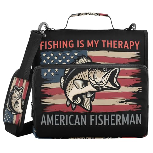 Gredecor 3 Ring Zipper Binder with Shoulder Strap, Fishing is My Therapy American Flag with Bass-1 Multi-Pockets Organizer Binder Bag Holds 500 Sheets for School and Office - color: Fishing is My Therapy American Flag With Bass-1
