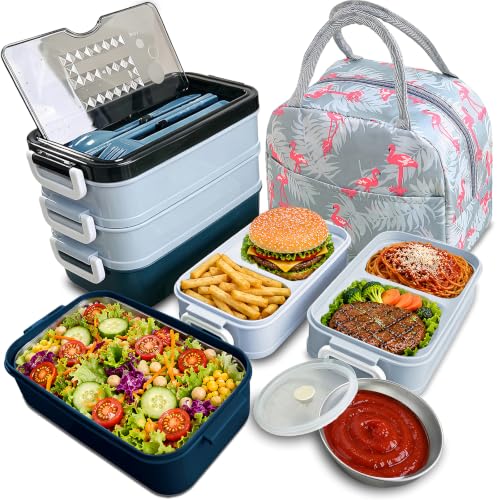 3-Tier Lunch Box for Men, Adult Lunch Box with Insulated Lunch Bag | 60 fl oz Large Capacity Bento Box with BPA-Free Utensils & Sauce Container, Leakproof, Microwave Safe for Work & Meal Prep - color: Blue(3-Tiers)