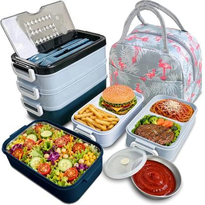 3-Tier Lunch Box for Men, Adult Lunch Box with Insulated Lunch Bag | 60 fl oz Large Capacity Bento Box with BPA-Free Utensils & Sauce Container, Leakproof, Microwave Safe for Work & Meal Prep - color: Blue(3-Tiers)