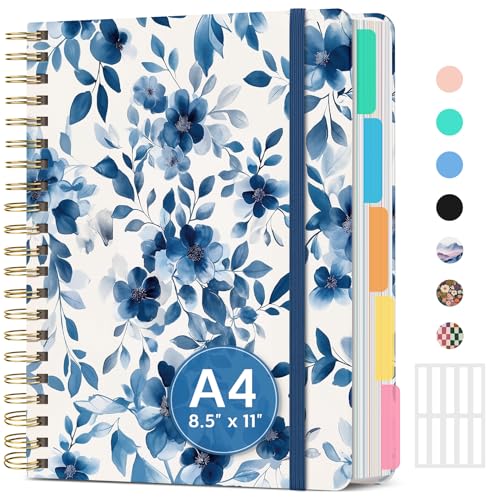 Large Spiral Lined Notebooks for Work with Removable Dividers & Tabs, 8.5"x11" Pretty Hardcover 5 Subject Notebook Journal for Women, College Ruled, Perfect for Study & Office Organization, 280 Pages,Blue Blooms - color: P - Blue Blooms