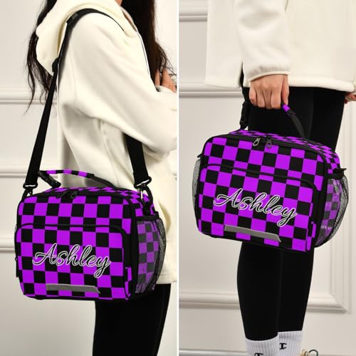 Custom Student Lunch Bag for Boys Girls Purple Black Checkerboard Personalized Lunch Box With Name Insulated Cooler Bag for School Picnic Travel - color: Multi07
