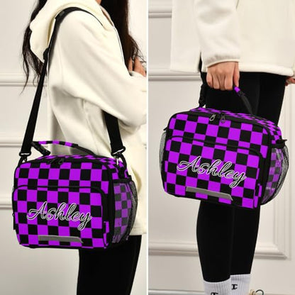 Custom Student Lunch Bag for Boys Girls Purple Black Checkerboard Personalized Lunch Box With Name Insulated Cooler Bag for School Picnic Travel - color: Multi07