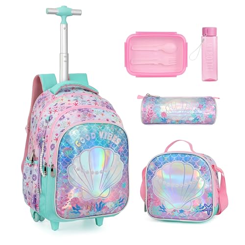 Cartoon Rolling Backpack for Boys Girls, Kids 5 Pcs Wheeled Backpack, Travel Backpack for Elementary Students (Shell Green) - color: Shell Green