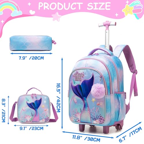 Mermaid Rolling Backpack for Kids 8-12 Girls Rolling Backpack Kids Trolley School Bag with Wheels Travel Backpacks Carry on Luggage for Girls with Lunch Box Pencil Case - color: Mermaid Purple
