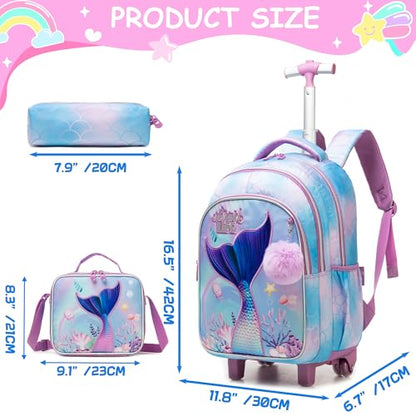 Mermaid Rolling Backpack for Kids 8-12 Girls Rolling Backpack Kids Trolley School Bag with Wheels Travel Backpacks Carry on Luggage for Girls with Lunch Box Pencil Case - color: Mermaid Purple