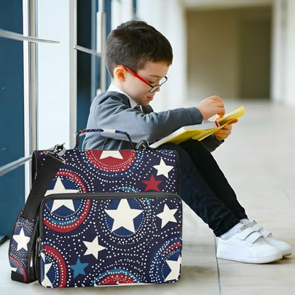 4th of July Circles Point Stars Blue Zipper Binder 3 Ring 1.5 Inch School Binder Organizer with Shoulder Strap Handle File Folder Pockets Large Capacity Students Girl Boy Men Office Work - color: 4th of July Circles Point Stars Blue