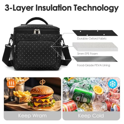 FlowFly Insulated Reusable Lunch Bag Adult Large Lunch Box for Women and Men with Adjustable Shoulder Strap,Front Zipper Pocket and Dual Large Mesh Side Pockets,Dot - color: Dot