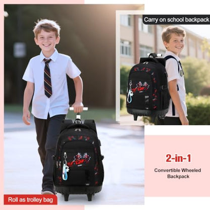 ACESAK Rolling Backpack for Boys, Kids Backpack with Wheels Portable with Insulated Lunch Box & Pencil Case, Multi-Pocket Roller Backpack for Preschool Kindergarten Kids Boys Travel(Red Car) - color: Red Car
