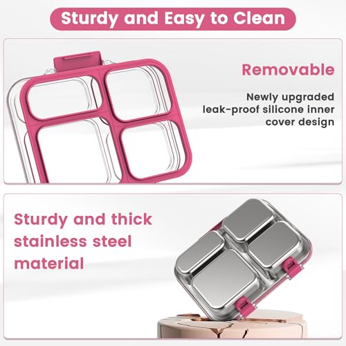 Stainless Steel Bento Box for Kids Adults with Silicone Container, Leak Proof 4 Compartments Metal Lunch Box, Removable Silicone Seal & Clear Lid Food Container for School Office, BPA-Free(Pink) - color: Pink