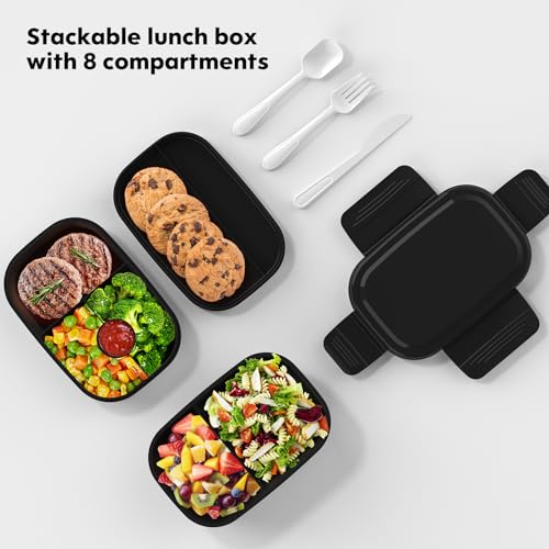 HOMETALL Bento Box Adult, Lunch Box Containers for Men Women with 8 Compartments, Lunch Containers with Utensils, 51 OZ/1900ML, Microwave & Dishwasher Safe - color: Black