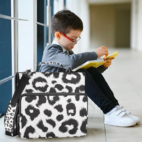 Bolaz Durable 3 Ring Binder Bag with Zipper,Black and White Leopard Print Pattern,1.5 Inch Multi-Pockets Organizer with Shoulder Strap and Handle - color: Black and White Leopard Print Pattern