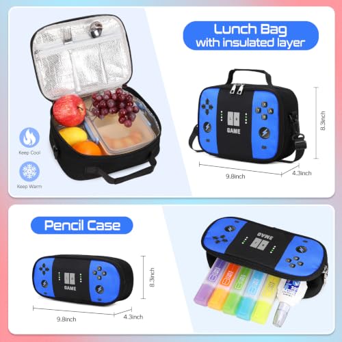 Jafeton Rolling Backpack for Boys, 3 PCS Gamer Boy Backpack Set with Lunch Box & Pencil Pouch, Roller Wheels School bag for Boys Kids Teens, Elementary Middle School, Kids Bookbag Casual Daypack - color: Blue
